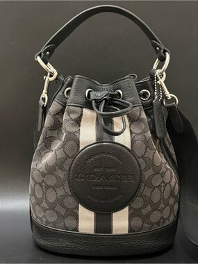 COACH C4102 Dempsey Black/Smoke Black Signature Jacquard Drawstring Bucket Bag